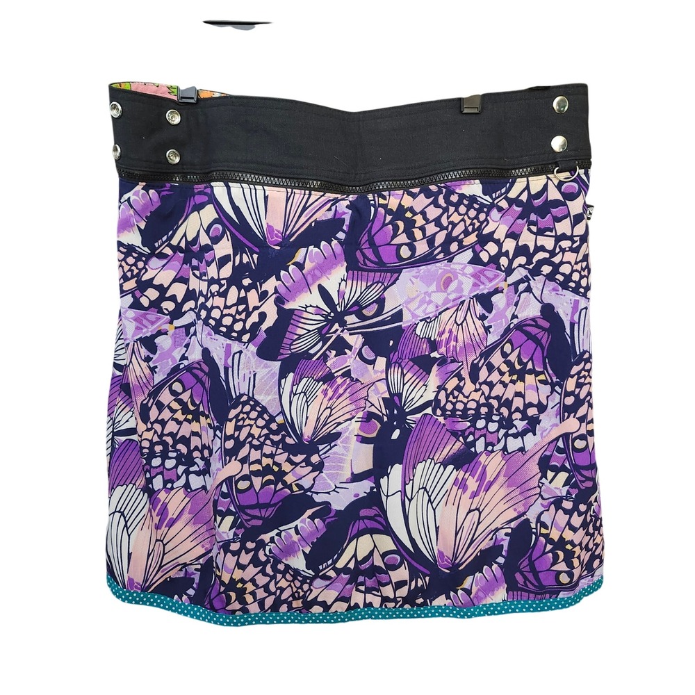 Zand Amsterdam Reversible Wrap Skirt Floral Butterfly Purple Black Mini Festival